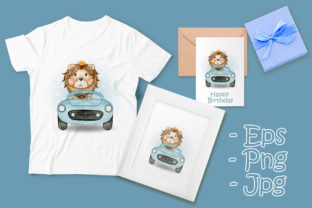 Cute Lion King Drive a Car Watercolor Illustrations