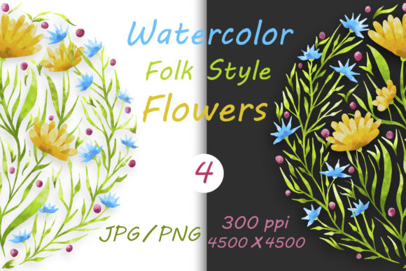 Flowers in Folk Style and Hand Drawn 04 Illustrations