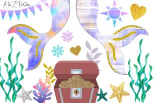 Mermaid Watercolor Glitter Clip Art & Illustrations
