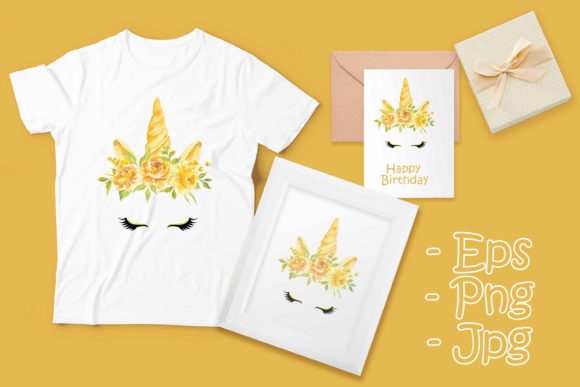 Unicorn Head with Yellow Flower Crown Illustrations