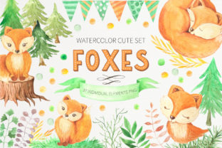 Watercolor Cute Foxes and Floral Set Illustrations